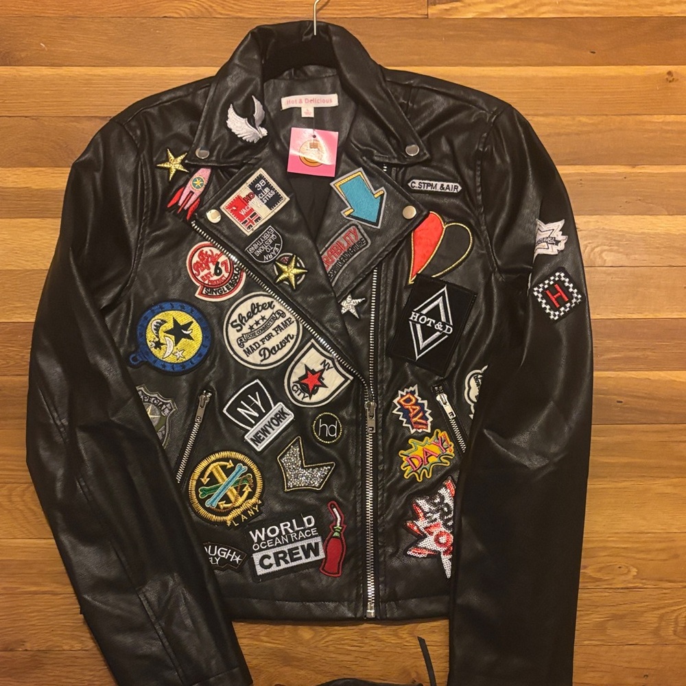 NWT Black Faux Leather Patchwork Moto Jacket with Colorful Patches